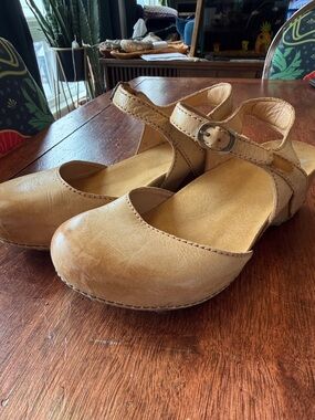 Dansko Tan Leather Mary Jane Clogs with Ankle Strap